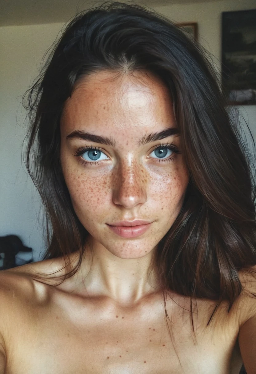 instagram selfie , a 23 year old gorgeous woman , slight smile , detailed skin face and eyes , natural lighting , at home , long hair, topless , film grain, low contrast, natural face , freckles , black hair , blue eyes, dark circles under eyes
