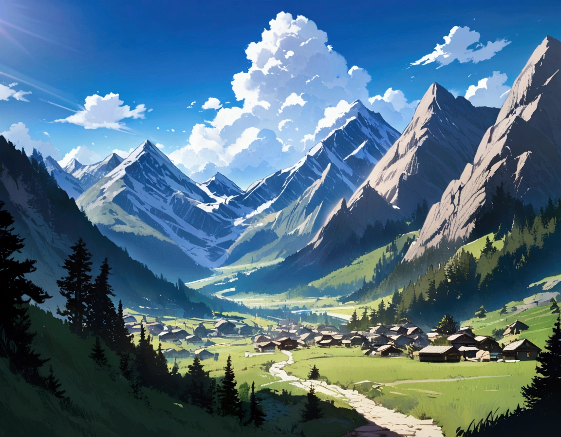 Fantasy,unmanned,background,Rocky Mountain,Rugged Mountain,Bright landscape,Blue sky,White cloud,Light of the sun,Mountain trail,The land below,Takayama Town,Small village,