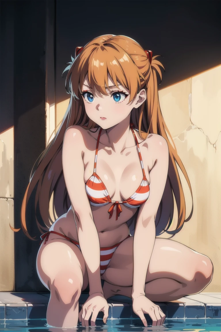 masterpiece、Highest quality、High resolution、Asuka Langley 、Long Hair、Glowing Skin、Light background、Topic Emphasis、Soft and natural lighting、Creating a dreamy and magical atmosphere。Daytime poolside、((tall。Beautiful breasts、Small breasts))、鬠红、Closed lip makeup、lipstick、(Heavy makeup)、clavicle、Halter neck、Striped bikini、Orange Bikini、O-ring、High Leg、Waliza、