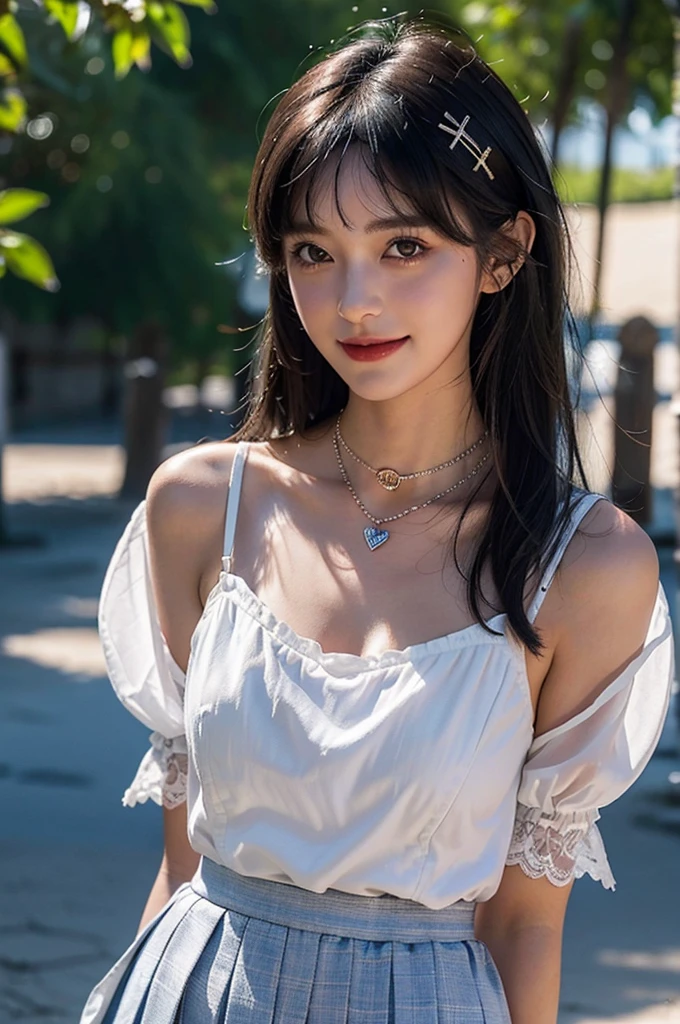 collared dress,european city park,On the lawn,One woman,masutepiece, The highest image quality, High quality, the background is clear,Beautiful woman, Japanese,Ultra-detailed, finely detail, hight resolution, 8K Wallpaper, Perfect dynamic composition, Beautiful detailed eyes , Detailed, Detailed eyes, Detailed skin, Beautiful skin, 超hight resolution, (reality: 1.4),Very beautiful woman, Slightly younger face, Beautiful skin, slender, (Ultra photo realsisim), (hight resolution), (8K), (Very detailed) (beautifully detailed eyes), (super detailed), (Detailed face), view the viewer, Fine details, Detailed face, Staring straight ahead, Staring straight ahead, photos realistic, Bright lighting, Professional Lighting, Black hair,poneyTail,a baby face,sixteen years old,Hairstyle: ponytail,Long ponytail hairstyle,slight smile,neat and tidy clothing,Beautiful Japanese KPOP idol photo, hair style is ponytail, my eyes are double and wide, baby face, smile and look straight ahead, slender, small breasts,Close up face,