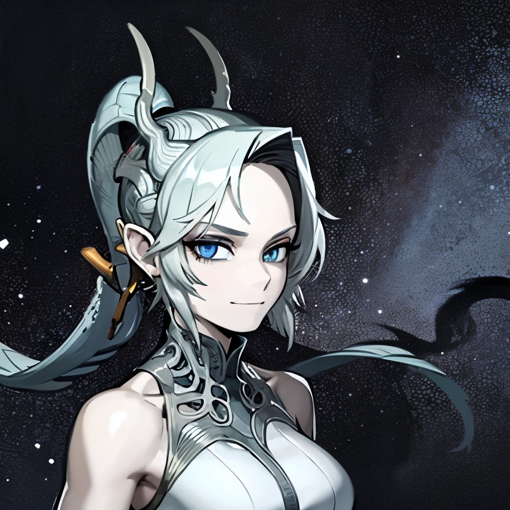 1woman, alien, pastel blue skin, thin eyes shape, black eyes, long hair, black hair color, space clothing, lizard tail, smug smile.