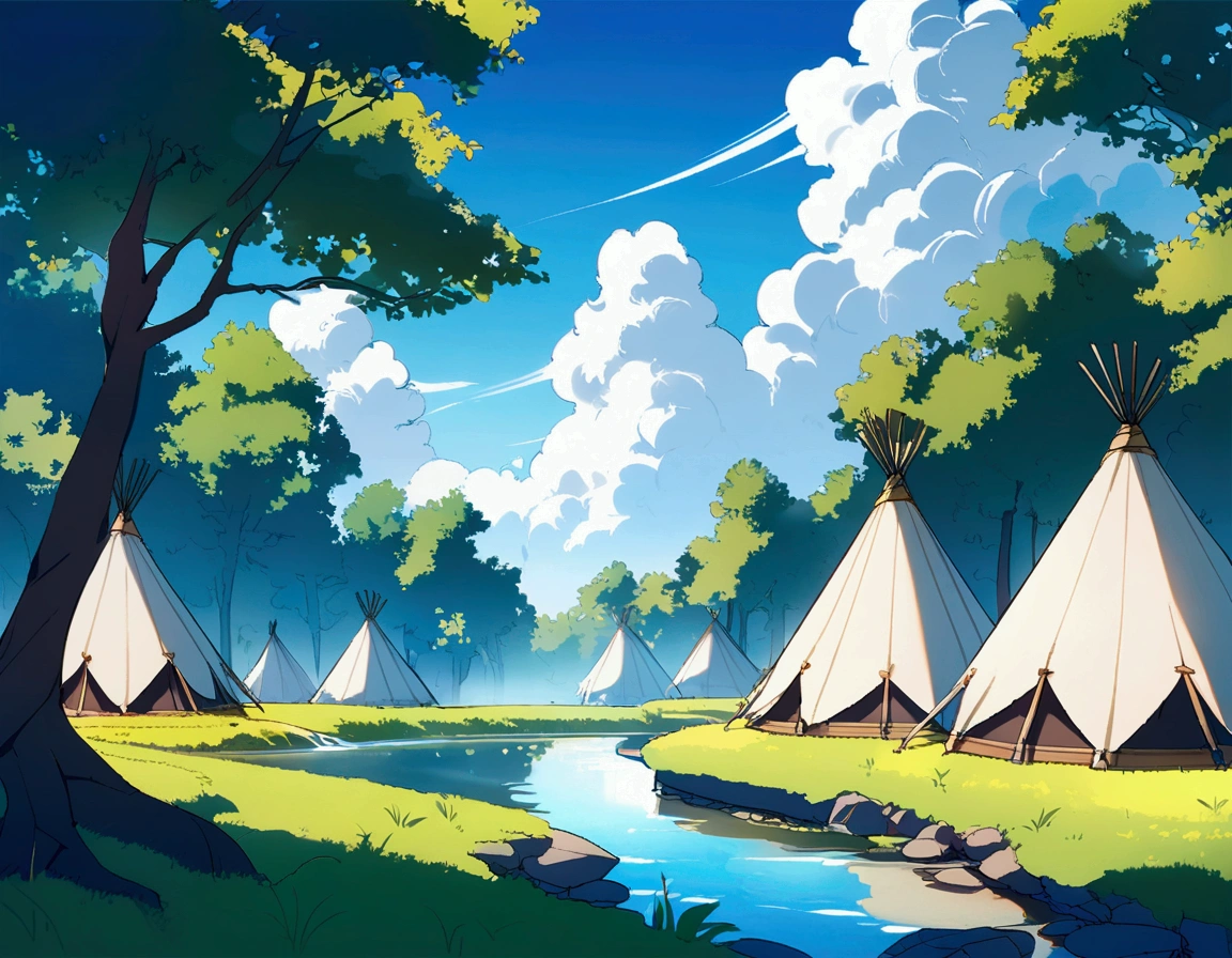Fantasy,unmanned,background,Beautiful stream,wood々,Bright landscape,Blue sky,White cloud,Light of the sun,Primitive tent,,,,