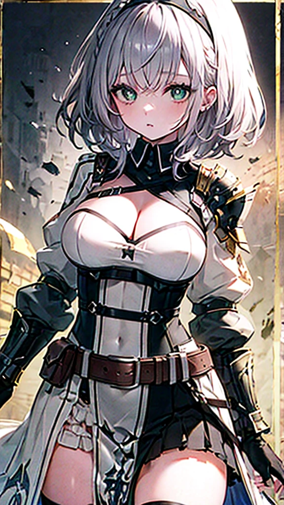(Ultra-high resolution,masterpiece, Attention to detail, Highest quality), 8k,(Arnoel, Medium Hair, Green Eyes, hair band, Blue Collar, Shoulder Armor, Cleavage, Mole on chest, Dress in Armor, Chest belt, Gold border, Fingerless gloves, Black gloves, Tea belt, Pouch, Pelvic Curtain, Black knee socks),(Blessed,Captivating body、Ultra-detailed skin、Very beautiful eyes、Detailed Background),One Girl, close up, (heart-shaped pupils)