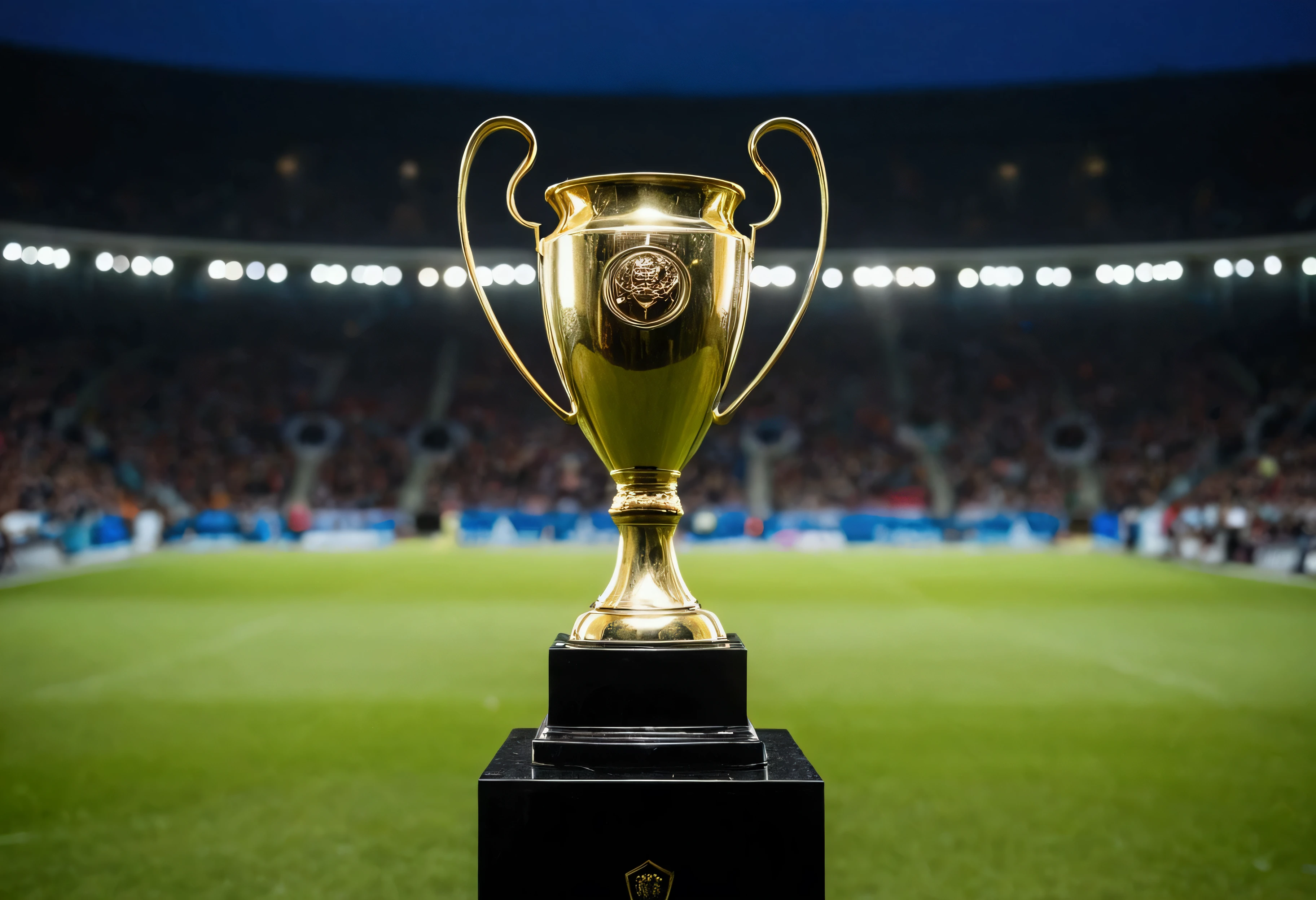 a picture of a trophy on a soccer field in front of the audience, the audience is blurred and not in focus