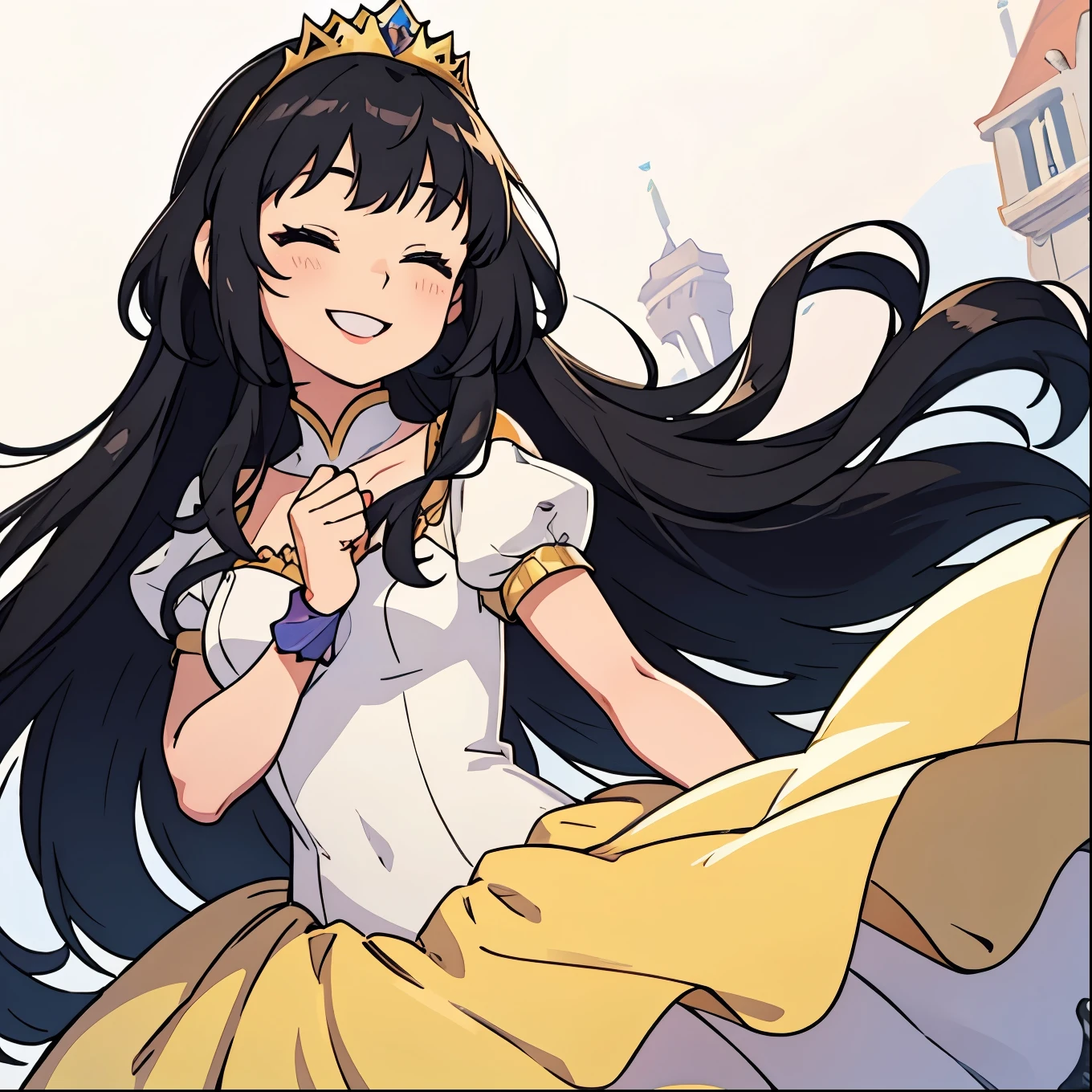 Princess Dress,Tiara is smiling with her eyes closed,Black braid,