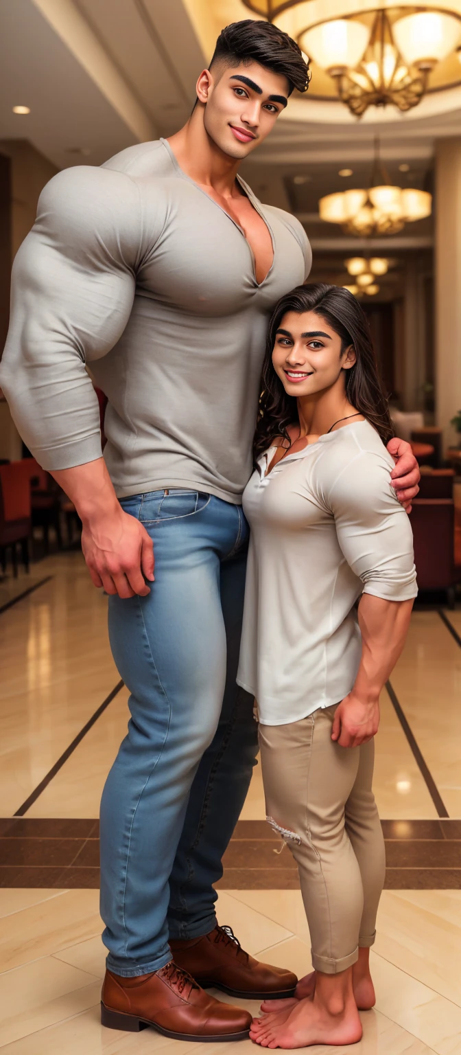 Tanned skin baby faced indian very young muscular male with a mature woman, very tall, 2.30 meters tall, 20 year old overweight  bodybuilder, school freshman in loose linen pants and loosev neck henley shirt, cute innocent sweet young funny face, great height difference. high detail faces. show full height from toe to head.  4 persons in the picture, with his girlfriend from side in hotel lobby. Shoot from a long distance. Boy 3 heads taller than girls. Girl is thin. Higher bodyfat. Long over developed legs. Camera angle set. Wet. Camera shoot from drone. Longer legs. Tall slender man. Love affection. Taller longer legs. Taller man. Gettin bigger every time. Man dressed sharp. Youth power.