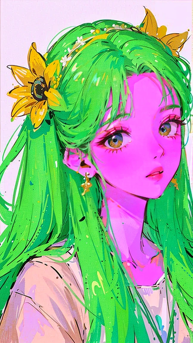 (Portraits:1.4), (masterpiece:1.2, best quality:1.2), from above, upper body, 1girl, Look up, face focus, extremely detailed face, extremely detailed eyes, good-looking, make up, fashion wear, earrings, Yellow-green hair, long wavy hair, flower crown, gentle smile, closed mouth, mysterious, quiet, flower hair accessory, Gentle feeling