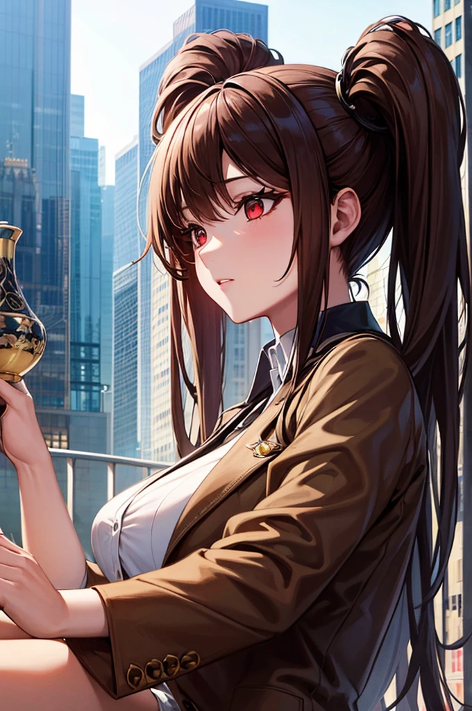 (masterpiece, Highest quality), Intricate details, 8k, Art Station, wallpaper, Official Art, Splash Art, Sharp focus,, One girl, Long Hair, Twin tails, Red eyes, Brown Hair, ,  suit,  skyscraper