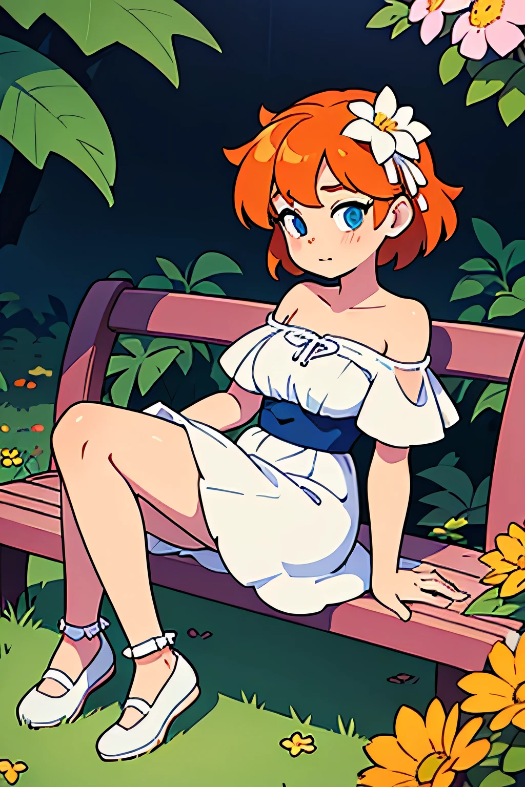 a beautiful girl with orange medium hair and blue eyes, dressed in a white ruffle off the shoulder dress sitting against a flower covered bench with her legs spread, and with bare shoulders and white shoes