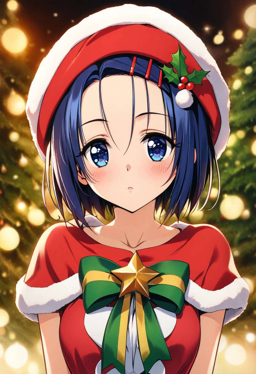 One girl, sairenji haruna,blue short hair,blue eyes,forehead,hair pin,cristmas costume,complementary colors red and green, Christmas theme,Style of Yabuki Kentaro, To Love-Ru art style,masterpiece, highest quality, Beautiful Face, Official Art, grand plix award illustration, Professional Lighting,