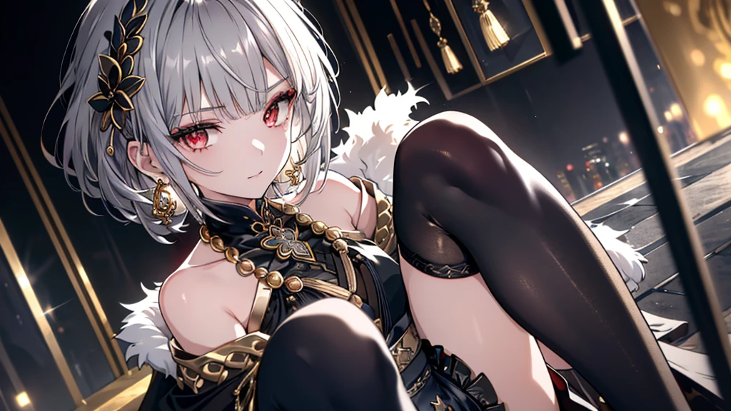 8k,High resolution RAW color art,Anime Art,Silver Marble Skin, (((Very detailed and cool))), Detailed skin, Bokeh、texture,(Exquisitely crafted, The finer details, Ultra-detailed art), (((1 girl))), Depth of written boundary, Silky Touch, Hyper Detail, (((Cool face))), eye shadow、woman, Beautiful detailed red eyes, Beautiful lip detail, Highly detailed face, Delicate depiction of hair and eyes, Detailed Fashion, Golden earrings,(((Knee))), Black half top、(((Shoulder Bare)))、Black shorts、Waist Cloak、black tights、Golden decoration, Grey Hair, Golden bracelet, Straight Hair、Short Hair、(((Hair)))、Ruined City、fluffy