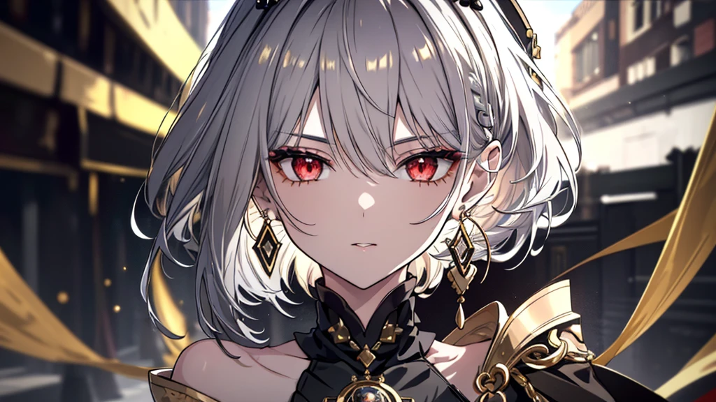 8k,High resolution RAW color art,Anime Art,Silver Marble Skin, (((Very detailed and cool))), Detailed skin, Bokeh、texture,(Exquisitely crafted, The finer details, Ultra-detailed art), (((1 girl))), Depth of written boundary, Silky Touch, Hyper Detail, (((Cool face))), eye shadow、woman, Beautiful detailed red eyes, Beautiful lip detail, Highly detailed face, Delicate depiction of hair and eyes, Detailed Fashion, Golden earrings,(((Knee))), Black half top、(((Shoulder Bare)))、Black shorts、Waist Cloak、black tights、Golden decoration, Grey Hair, Golden bracelet, Straight Hair、Short Hair、(((Hair)))、Ruined City、fluffy