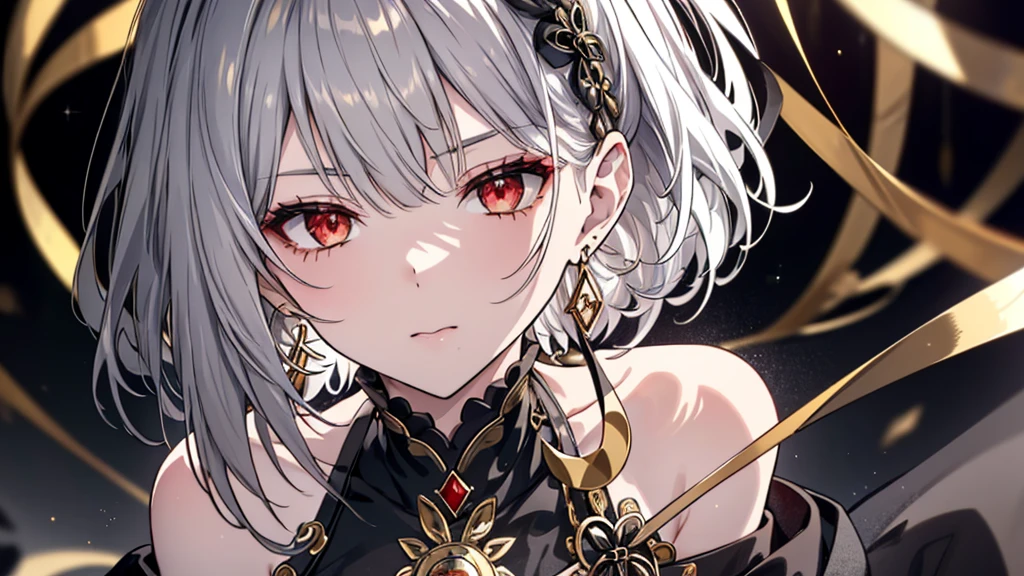 8k,High resolution RAW color art,Anime Art,Silver Marble Skin, (((Very detailed and cool))), Detailed skin, Bokeh、texture,(Exquisitely crafted, The finer details, Ultra-detailed art), (((1 girl))), Depth of written boundary, Silky Touch, Hyper Detail, (((Cool face))), eye shadow、woman, Beautiful detailed red eyes, Beautiful lip detail, Highly detailed face, Delicate depiction of hair and eyes, Detailed Fashion, Golden earrings,(((Knee))), Black half top、(((Shoulder Bare)))、Black shorts、Waist Cloak、black tights、Golden decoration, Grey Hair, Golden bracelet, Straight Hair、Short Hair、(((Hair)))、Ruined City、fluffy
