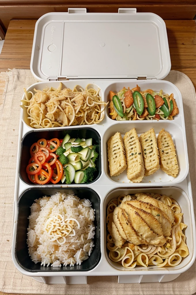 - White rice - Opor chicken - fried noodles - snack in a bento box