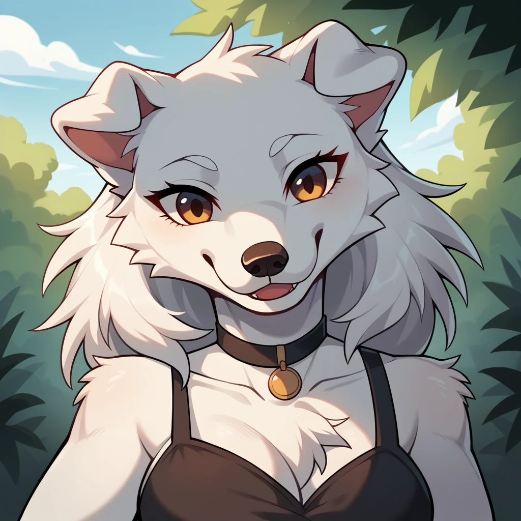 High quality, high resolution, high quality illustrations, incomparable masterpiece (life movie), forest, cloudy sky, clouds, beautiful floral garden ( laughing fur, white fur with a spot surrounding the eye, dog, alone, , fashion casual, Relux poses, smile) absurd, perfect anatomy, animation style, dynamic angle,