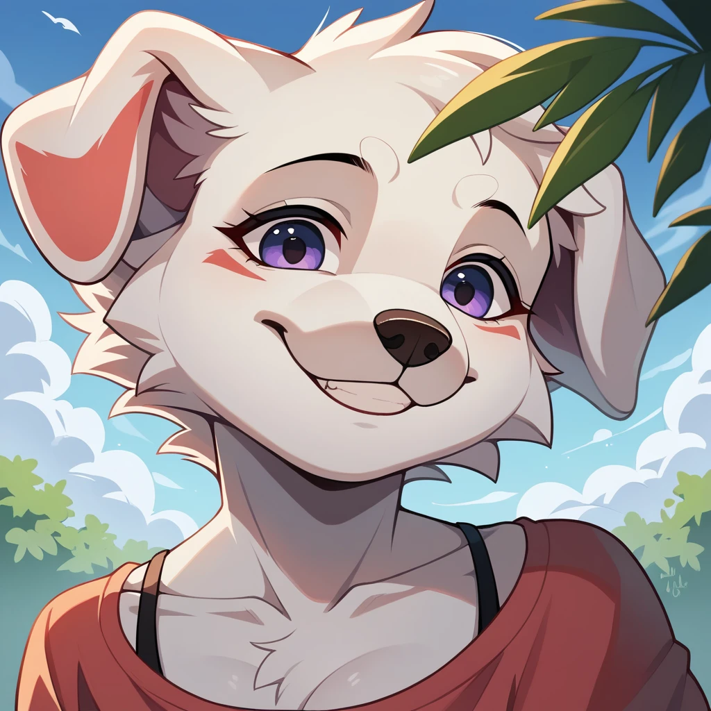 High quality, high resolution, high quality illustrations, incomparable masterpiece (life movie), forest, cloudy sky, clouds, beautiful floral garden ( laughing fur, white fur with a spot surrounding the eye, dog, alone, , fashion casual, Relux poses, smile) absurd, perfect anatomy, animation style, dynamic angle,