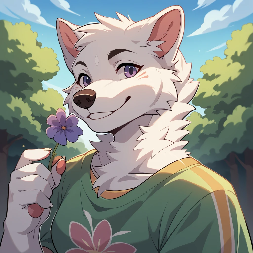 High quality, high resolution, high quality illustrations, incomparable masterpiece (life movie), forest, cloudy sky, clouds, beautiful floral garden ( laughing fur, white fur with a spot surrounding the eye, dog, alone, , fashion casual, Relux poses, smile) absurd, perfect anatomy, animation style, dynamic angle,