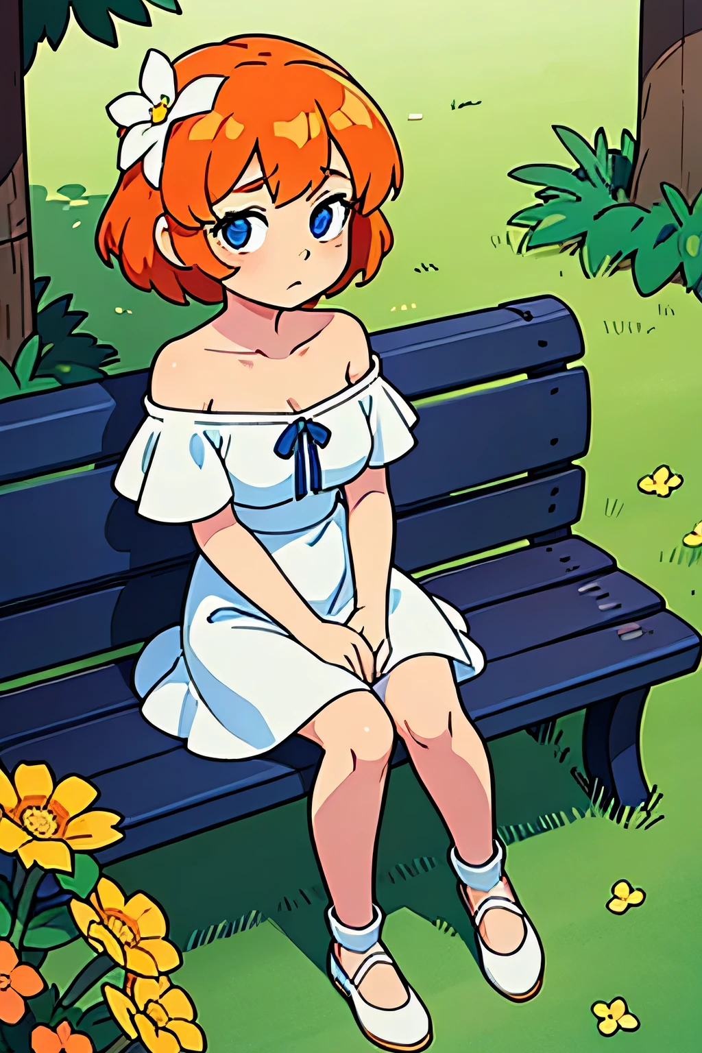 a beautiful girl with orange medium hair and blue eyes, dressed in a white ruffle off the shoulder dress sitting against a flower covered bench with her legs spread, and with bare shoulders and white shoes