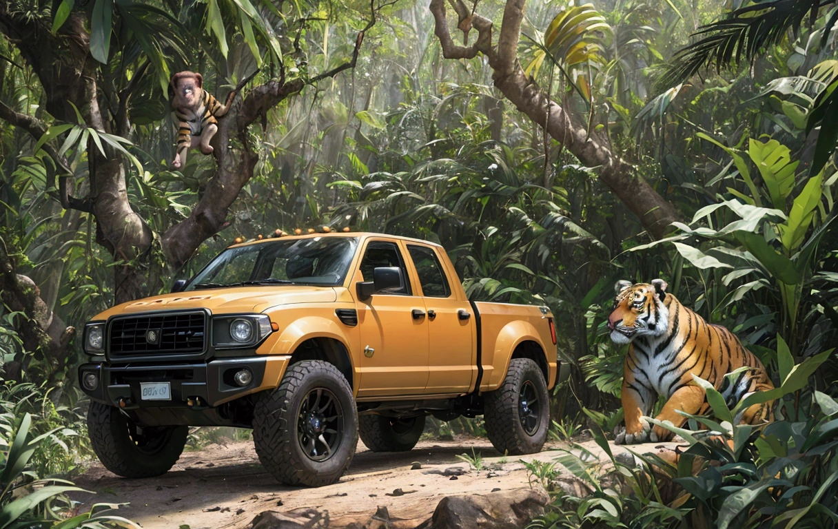 (best quality,4k,8k,highres,masterpiece:1.2),deep jungle, multiple boys exploring amazon, truck, animals, tiger, monkey, historical, wide shot, realistic, hyper-realistic, photorealistic,ultra-detailed,(realistic,photorealistic,photo-realistic:1.37),vivid colors,dramatic lighting,