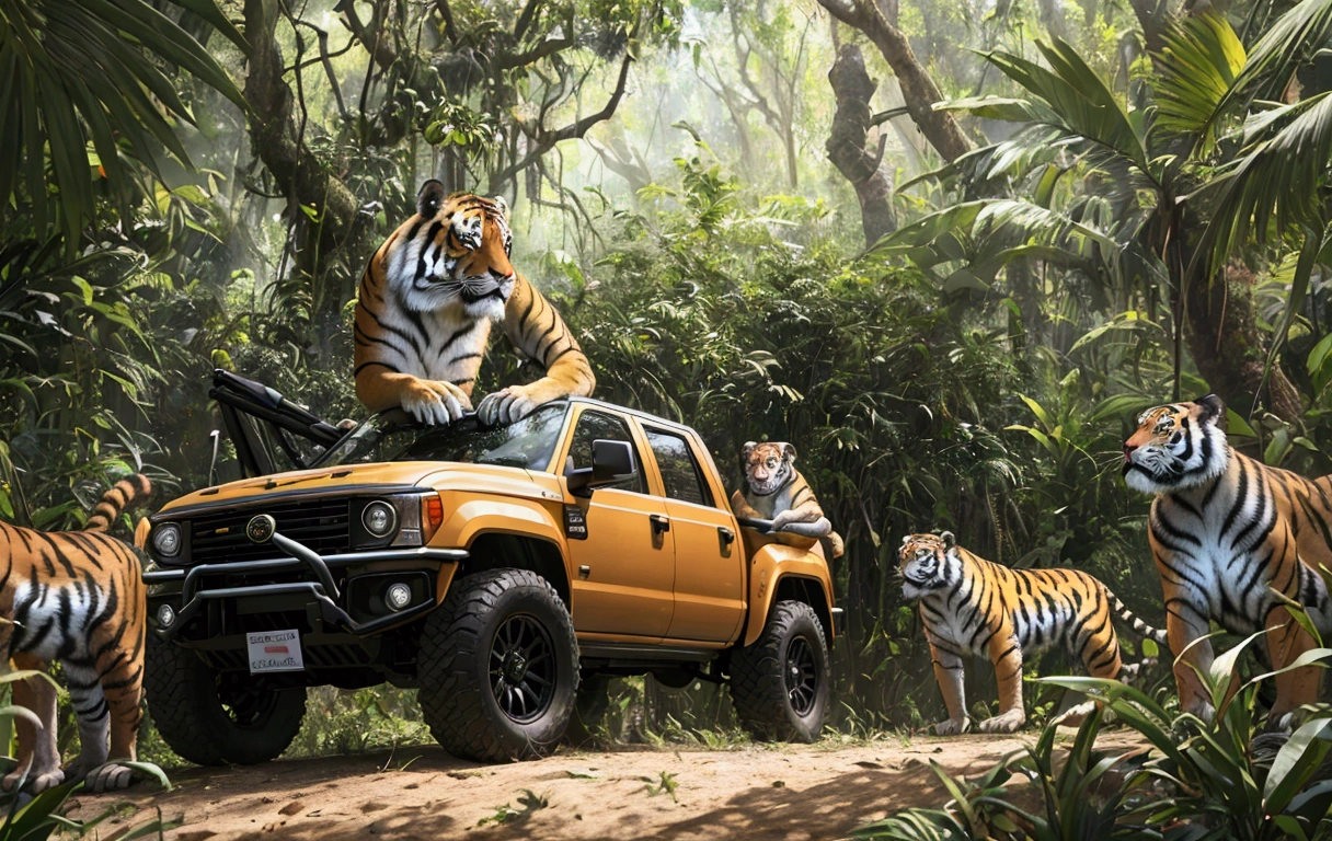 (best quality,4k,8k,highres,masterpiece:1.2),deep jungle, multiple boys exploring amazon, truck, animals, tiger, monkey, historical, wide shot, realistic, hyper-realistic, photorealistic,ultra-detailed,(realistic,photorealistic,photo-realistic:1.37),vivid colors,dramatic lighting,