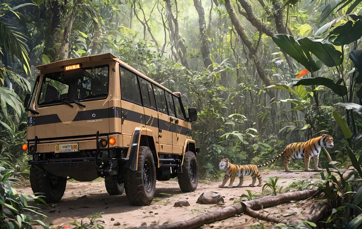 (best quality,4k,8k,highres,masterpiece:1.2),deep jungle, multiple boys exploring amazon, truck, animals, tiger, monkey, historical, wide shot, realistic, hyper-realistic, photorealistic,ultra-detailed,(realistic,photorealistic,photo-realistic:1.37),vivid colors,dramatic lighting,