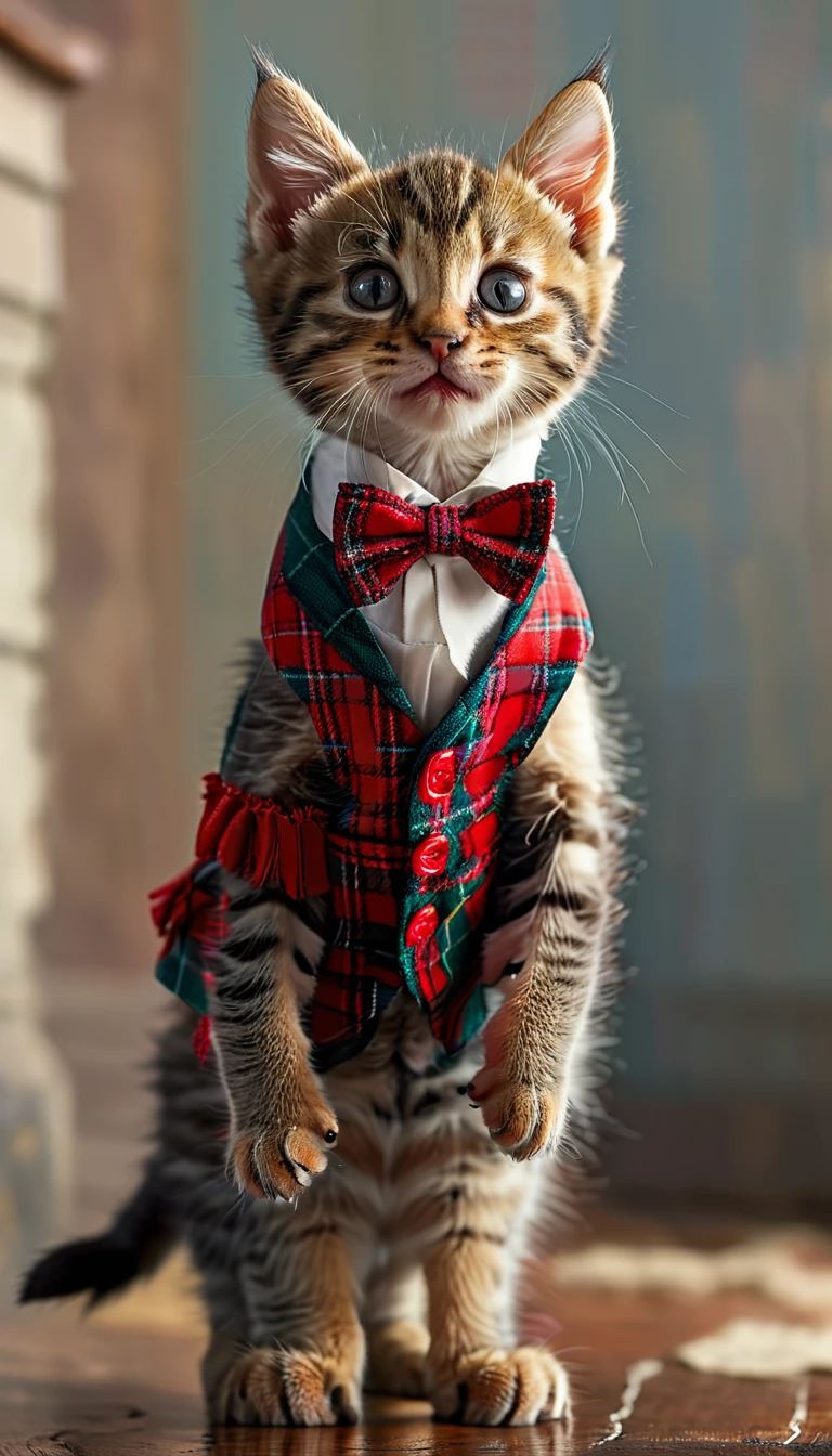 “A high-resolution, full-body shot of a kitten standing on its hind legs like a human. The kitten is wearing a tartan check vest, a red bow tie, and checkered pants. The kitten has short legs and is standing upright in a front-facing position. The image should capture the intricate details of the kitten’s fur.”