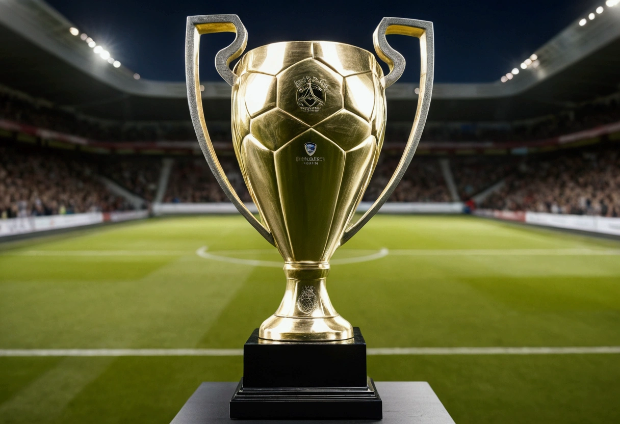 a picture of a trophy (no logos) on a soccer field in front of the audience, the audience is blurred and not in focus, there are no logos or words in the picture