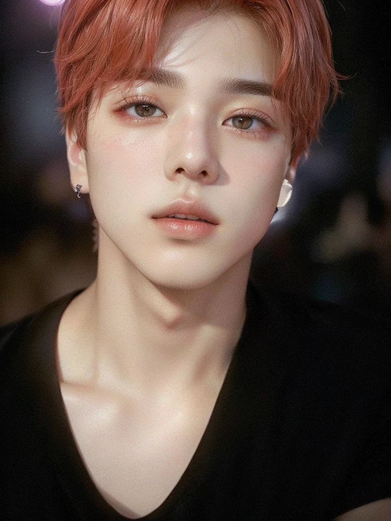a close up of a person with red hair and a black shirt, Jimin\fleshy lips, Jimin\the right eyelid is swollen, accurate Jimin face, Jimin\the Greek nose, park Jimin, Jimin, Yoongi with black hair, adorable and pale korean face, jung jaehyun, your eyes are red and glowing, Jungkook