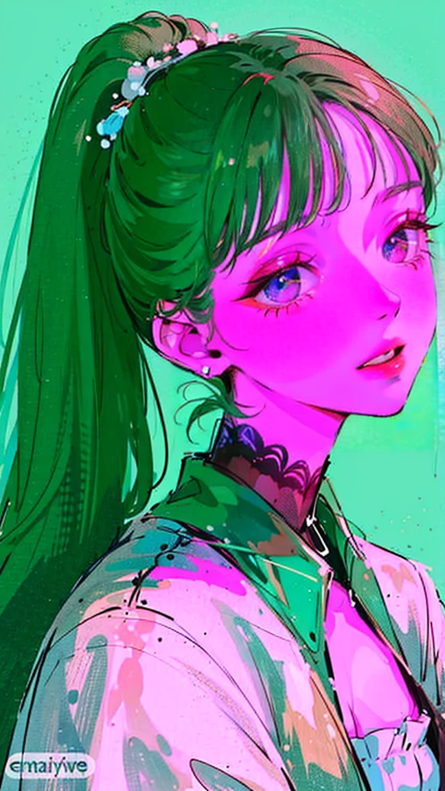 (Portraits:1.4), (masterpiece:1.2, best quality:1.2), from above, upper body, 1girl, Look up, face focus, extremely detailed face, extremely detailed eyes, good-looking, make up, fashion wear, earrings, Dark green hair, long ponytail, blunt bangs, jovial, friendly, pleasant smile, pretty smile, open mouth smile, Gentle feeling