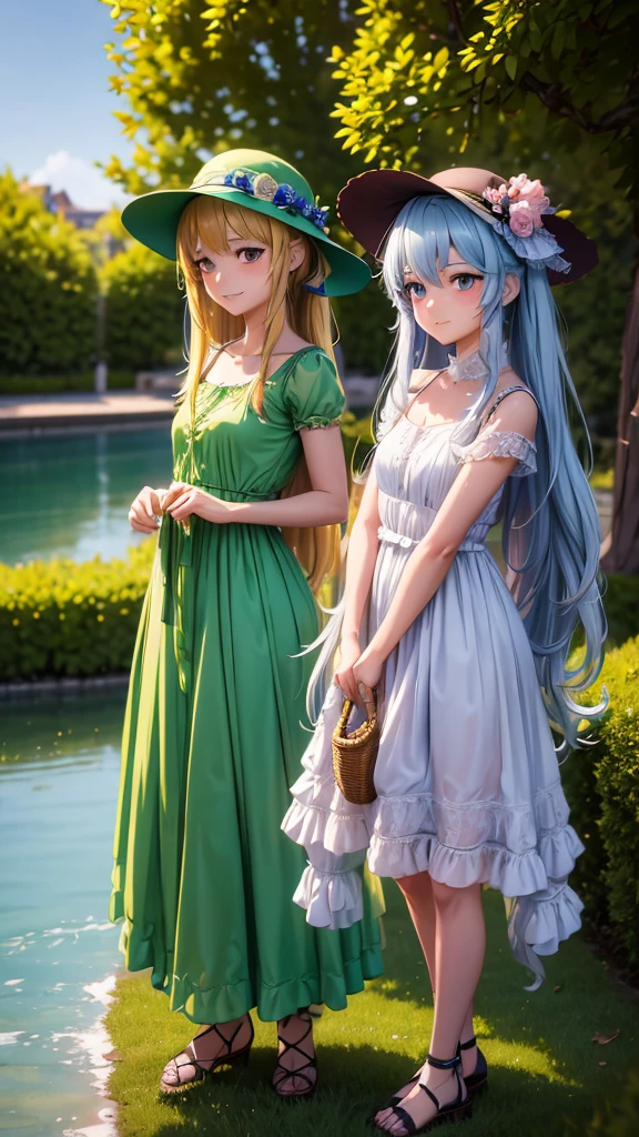 two european young girls in dresses and hats posing for a picture, artwork in the style of guweiz, realistic anime 3 d style, 3 d anime realistic, two beautiful anime girls, anime style. 8k, guweiz, anime styled 3d, guweiz masterpiece,