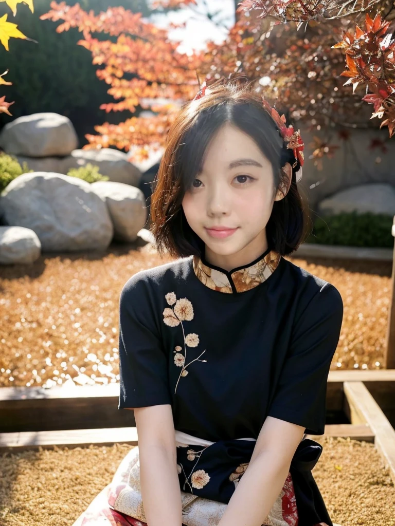 (Realistic:1.3), Rembrandt Lighting, (Tabletop:1.2), (Realistic:1.2), (Highest quality), (Detailed skin:1.3), (Intricate details), Ray Tracing,One Girl, Japanese girl, 21 years old, Detailed skin texture, (blush:0.5), Scattered beneath the surface, smile, Updo, bangs, Hair between the eyes, hair ornaments, kimono, Floral, Wearing edgJF_kimono, seiza (Bright sunny day, Autumn scenery, Autumn Tree々々And leaves, (Zen Garden:1.2)