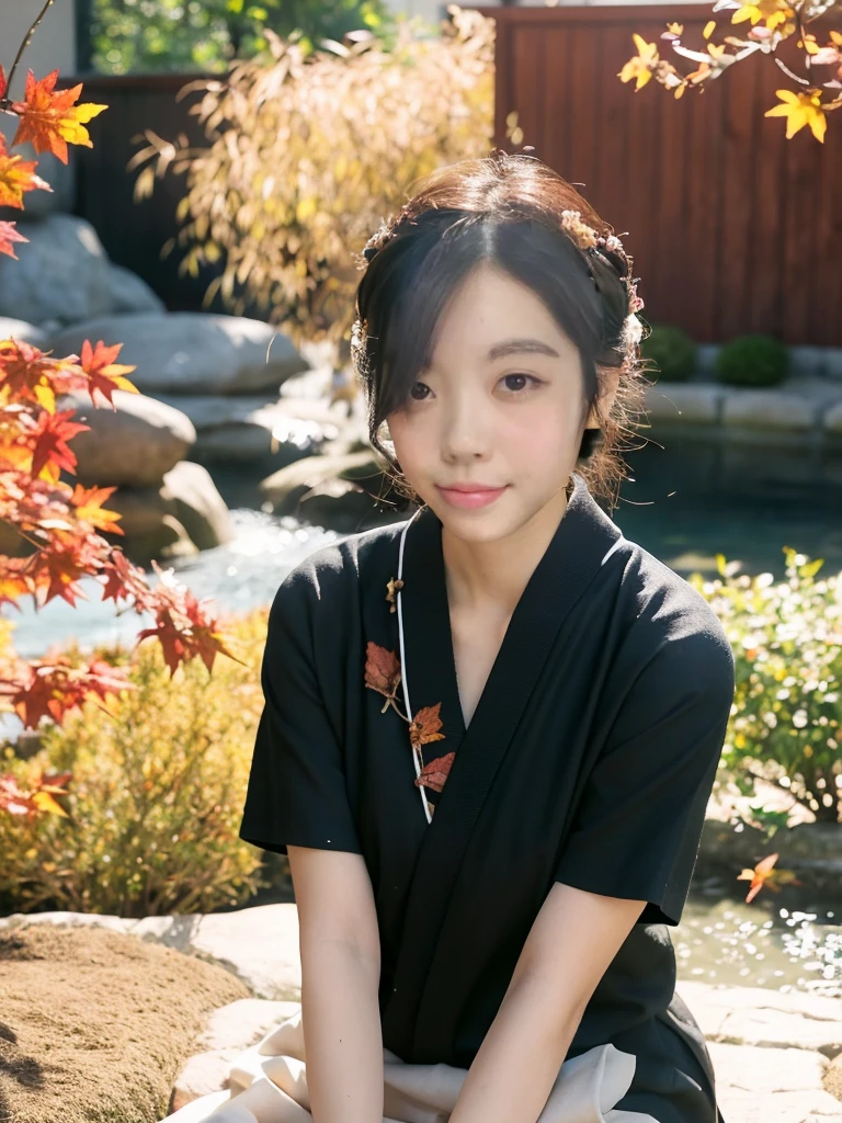(Realistic:1.3), Rembrandt Lighting, (Tabletop:1.2), (Realistic:1.2), (Highest quality), (Detailed skin:1.3), (Intricate details), Ray Tracing,One Girl, Japanese girl, 21 years old, Detailed skin texture, (blush:0.5), Scattered beneath the surface, smile, Updo, bangs, Hair between the eyes, hair ornaments, kimono, Floral, Wearing edgJF_kimono, seiza (Bright sunny day, Autumn scenery, Autumn Tree々々And leaves, (Zen Garden:1.2)