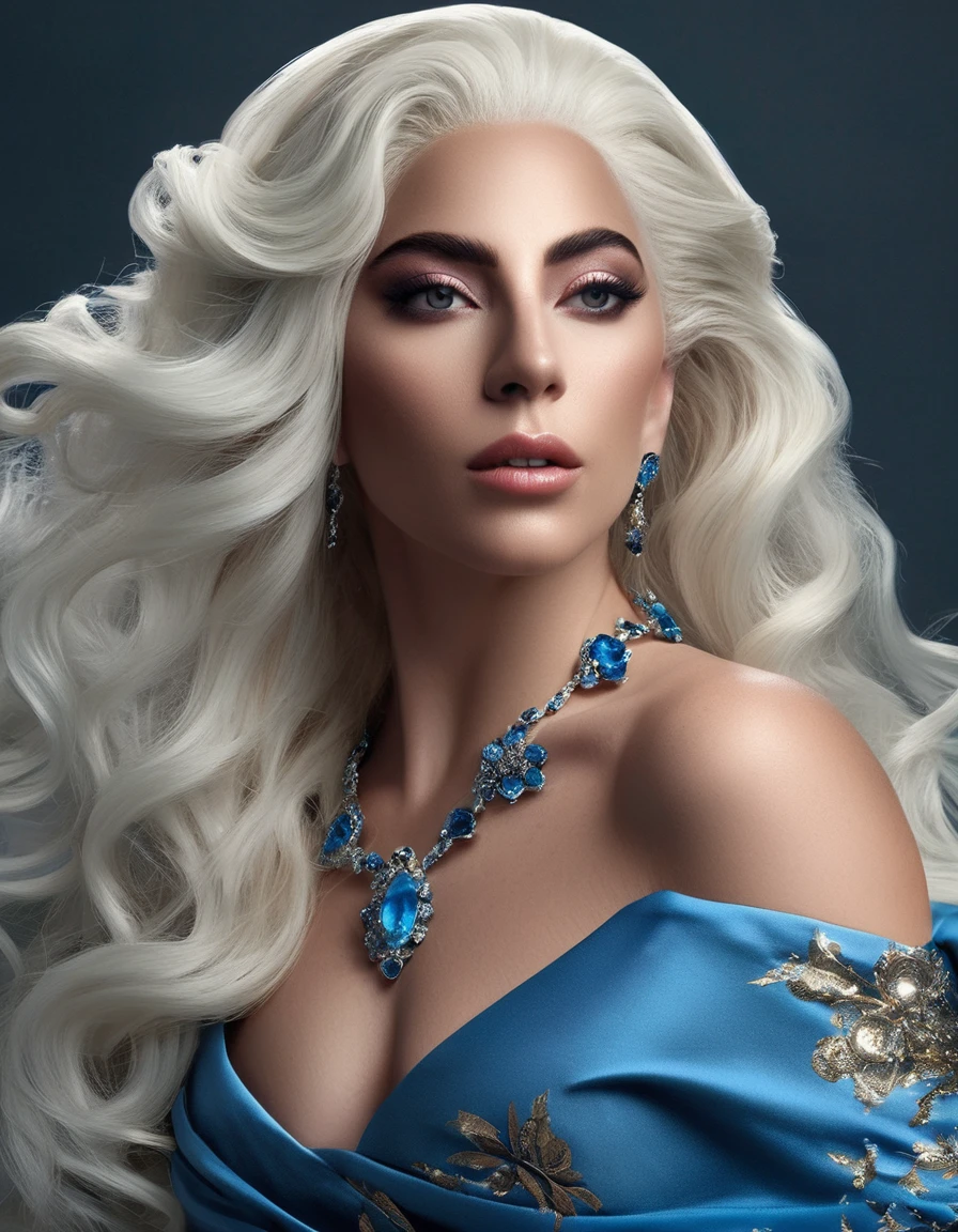 lady gagawoman with long white hair and a blue dress with a flower on her head, Fantasyart style, epic hd Fantasyart style, epic Fantasyart style, Fantasyart, digital Fantasyart, detailed Fantasyart, detailed Fantasyart,best qualityer, realisitic, realisitic award-winning illustration, (Highly detailed texture of face and skin), (whole body), (Complicated Detail: 1.2), (fine-details), (Complicated Detail), (Cinematic Lights, luz de fundo de best qualityer), Sharp lines, sharp focus, offcial art, unity wallpaper 8k, absurdrez, Inacreditavelmente absurdrezo, huge filesize, ultra-, Fantasyart, RTX,((Closing photo of the award-winning studio)), , (get away), , perfect hands, beautiful detailed eyes, face perfect