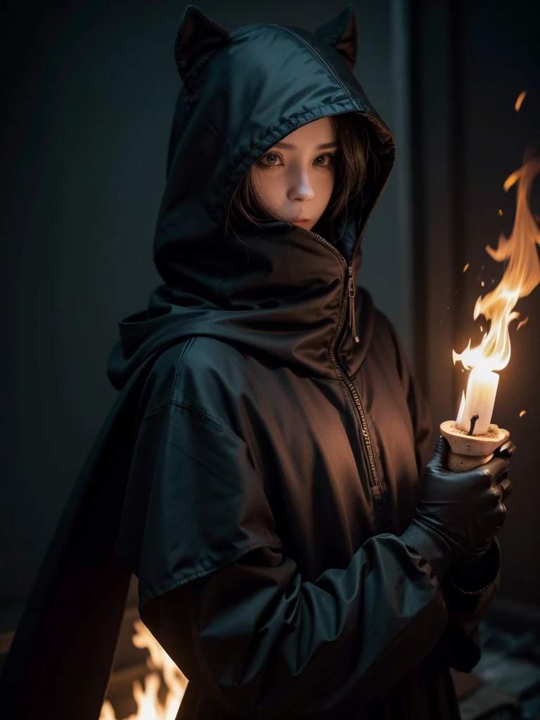 faceless hooded dark knight in sinister bosue. strong, fire. gloria. Changing