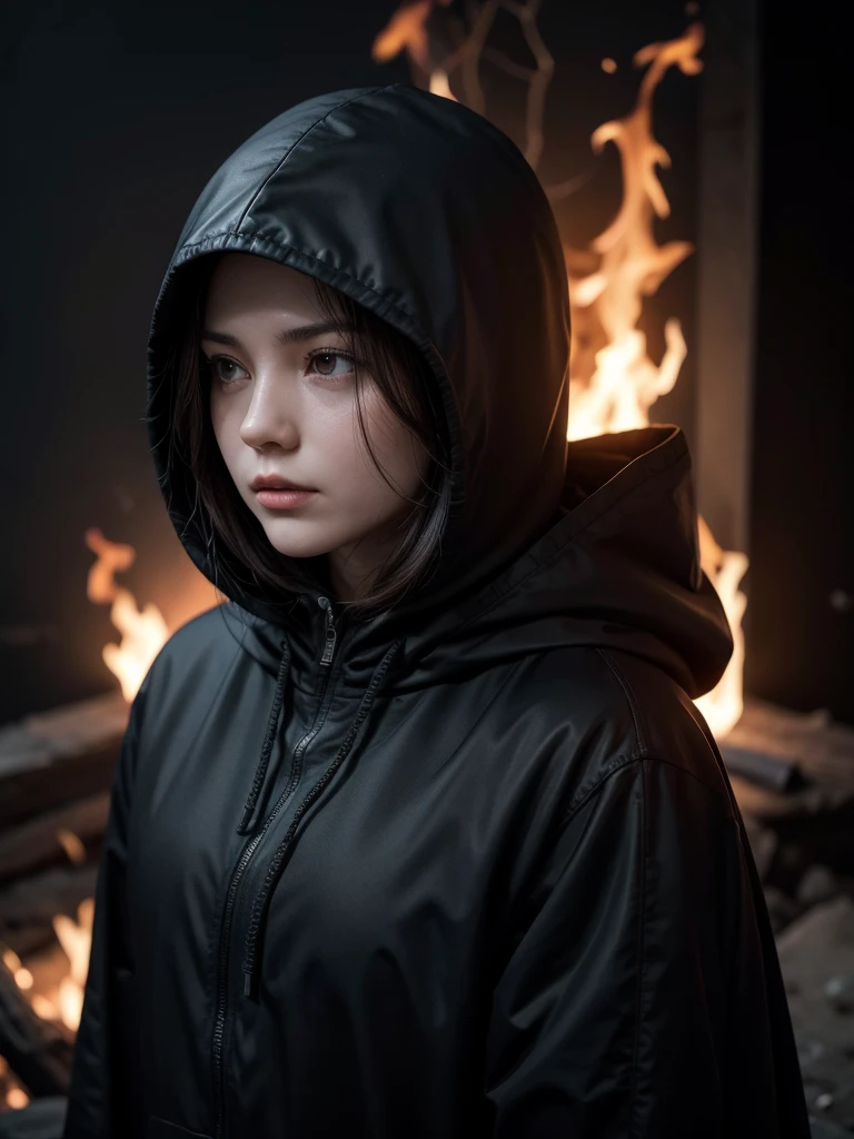 faceless hooded dark knight in sinister bosue. strong, fire. gloria. Changing