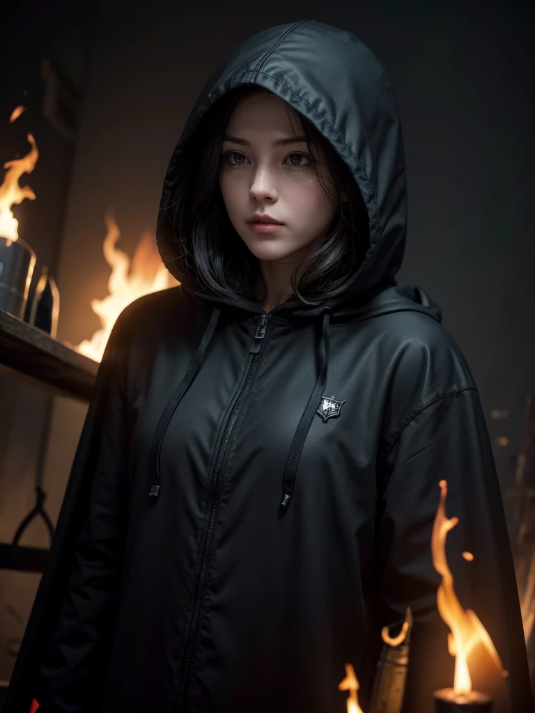 faceless hooded dark knight in sinister bosue. strong, fire. gloria. Changing