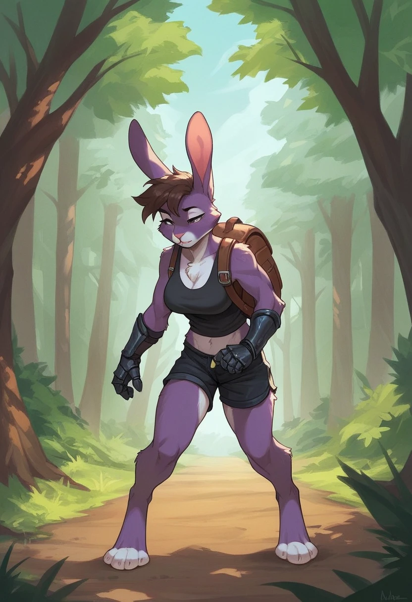 create a picture of a female half rabbit character with purple giant rabbit digitigrade legs with white paws, put purple rabbit ears on top of her head with black stains, put purple fur on her arms from her elbows down, give her short brown hair, make her legs look fluffy and furry, make it in an anime style, make her wearing a black athletic tank top and black shorts and black gauntlets and a brown backpack, give her moderate breasts, make her look half asleep, make her walking down a path in the forest, make her holding a map
