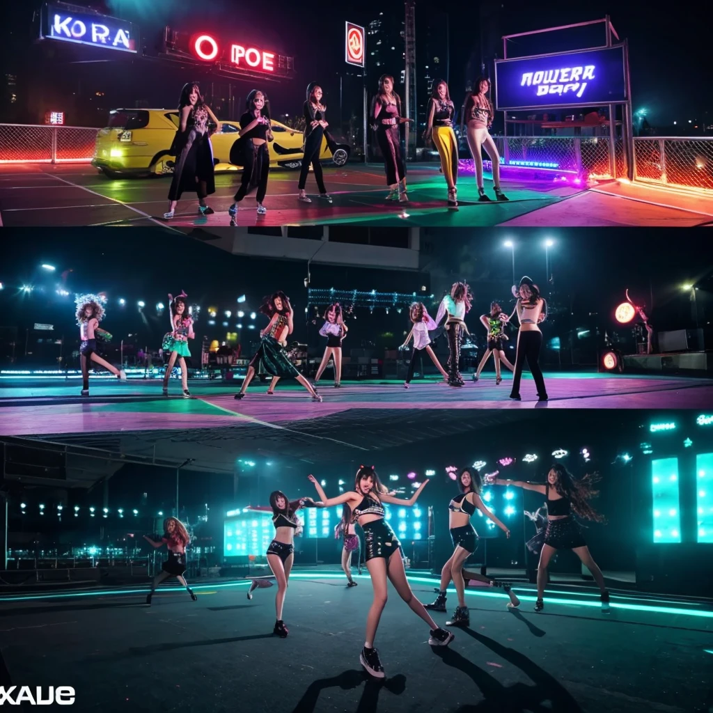 Opening Scene: Rooftop Party**
   - **Setting:** A stylish rooftop with neon lights.
   - **Action:** The members are seen arriving individually, showcasing their unique styles. They greet each other with excitement, and as they come together, the beat drops for the chorus. 
   - **Dancers:** Female backup dancers join in for the first choreography sequence, featuring synchronized dance moves with fierce expressions. Kpop girl group south koera members  music video  siren  scene 