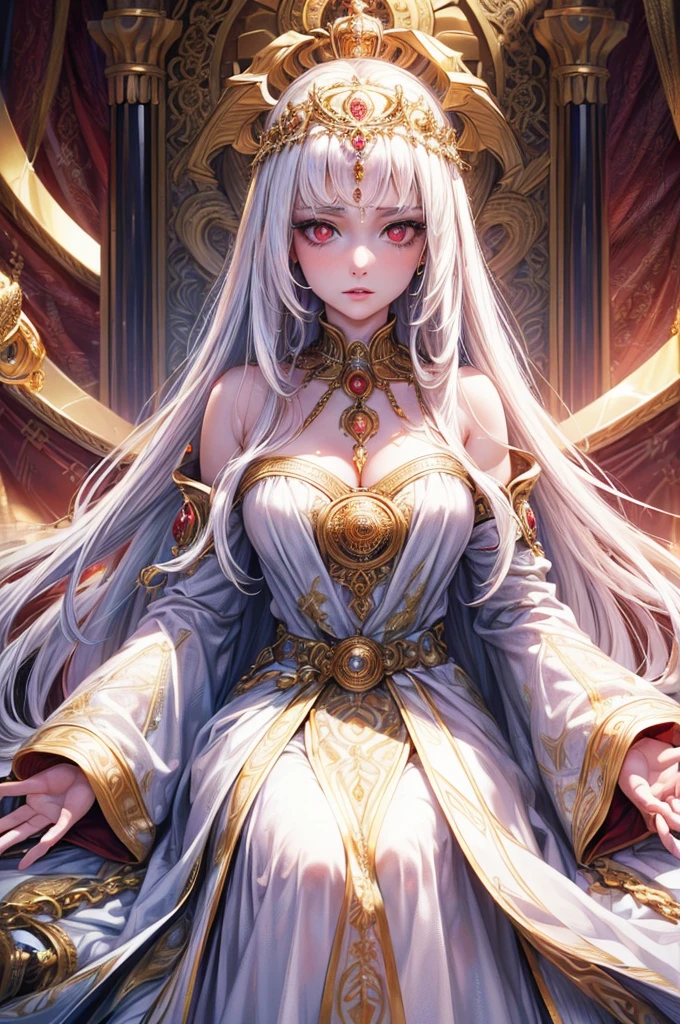 (highres, realistic, beautiful detailed eyes, beautiful detailed lips, detailed face),(naive girl, innocent girl),(queen, woman, royalty),(red eyes, long white hair),(glorious, majestic, regal), (golden, sparkling),(gorgeous white gown),(elaborate decorations),(full body),(hypnotized eyes, blank eyes, spiral in eyes),(chained limbs and arms),(enslaved)