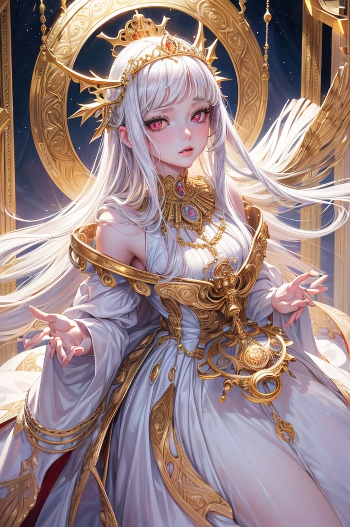 (highres, realistic, beautiful detailed eyes, beautiful detailed lips, detailed face),(naive girl, innocent girl),(queen, woman, royalty),(red eyes, long white hair),(glorious, majestic, regal), (golden, sparkling),(gorgeous white gown),(elaborate decorations),(full body),(hypnotized eyes, blank eyes, spiral in eyes),(chained limbs and arms),(enslaved)