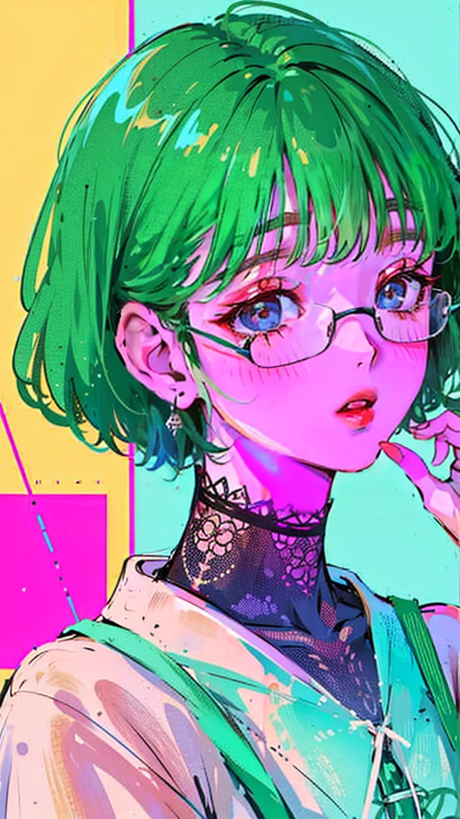 (Portraits:1.4), (masterpiece:1.2, best quality:1.2), from above, upper body, 1girl, Look up, face focus, extremely detailed face, extremely detailed eyes, good-looking, make up, fashion wear, earrings, Green hair, short cut, blunt bangs, wearing glasses, innocent, lively, free-spirited, childlike smile, cute smile, Gentle feeling