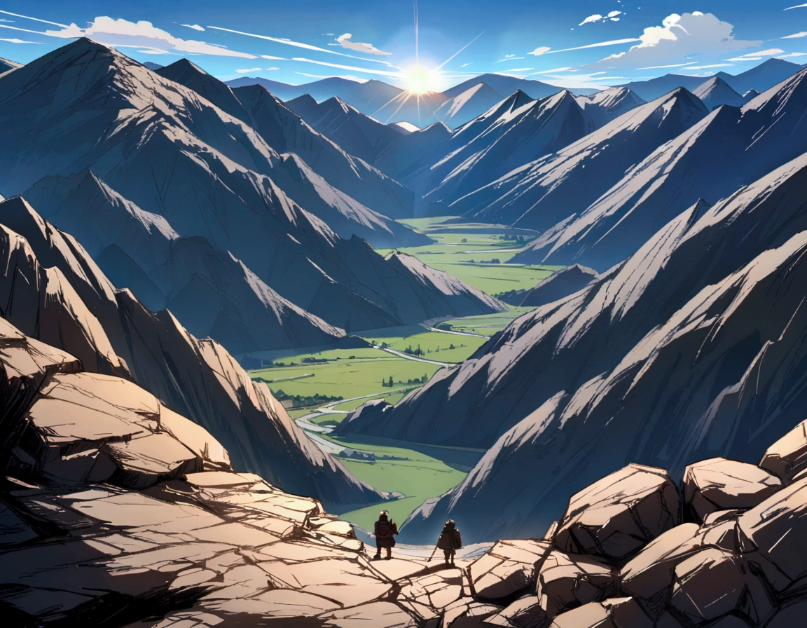 Fantasy,unmanned,background,Rocky Mountain,Rugged Mountain,Bright landscape,Blue sky,White cloud,Light of the sun,Mountain trail,The land below,Takayama Village,Bare rocky land,View from the summit