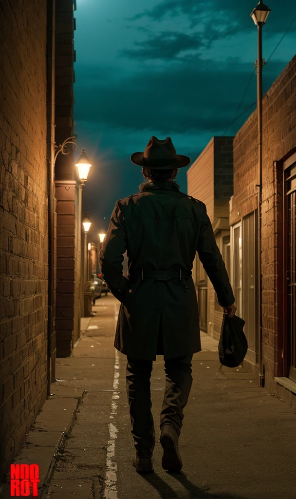 rickgrimes2024, 1 man, running, best quality, photorealistic, dark alley, night, streetlamp, fedora, long black trench coat, detective, new york, street light, cinematic, noir,