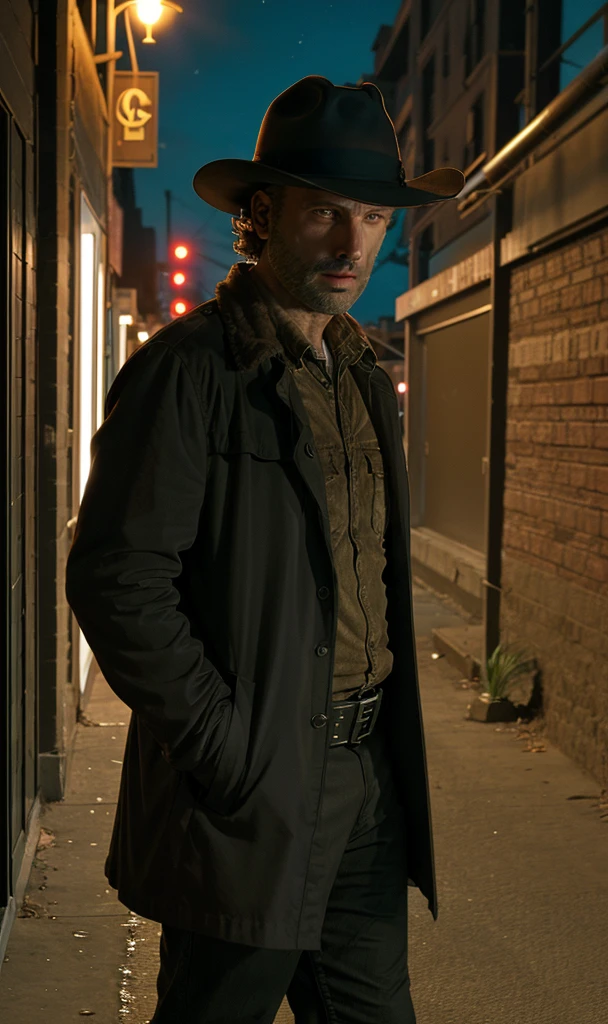 rickgrimes2024, 1 man, running, best quality, photorealistic, dark alley, night, streetlamp, fedora, long black trench coat, detective, new york, street light, cinematic, noir,