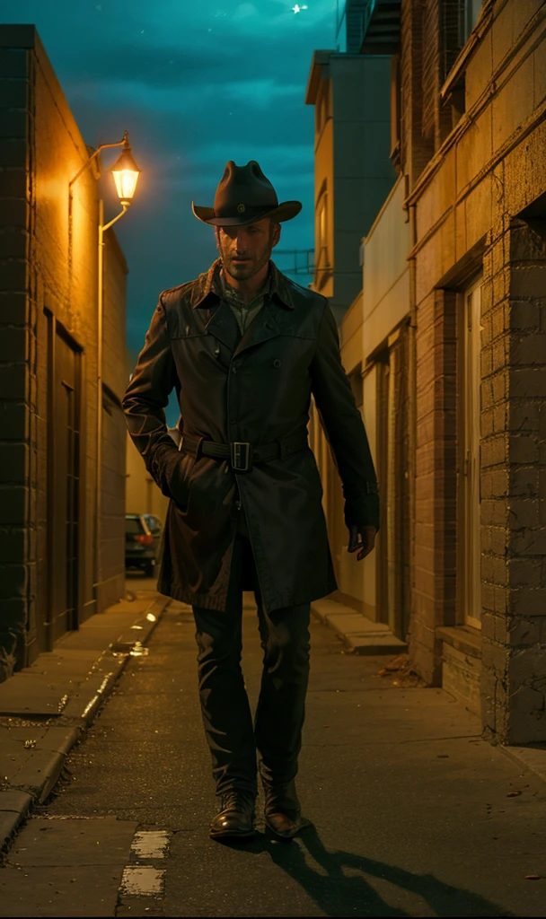 rickgrimes2024, 1 man, running, best quality, photorealistic, dark alley, night, streetlamp, fedora, long black trench coat, detective, new york, street light, cinematic, noir,