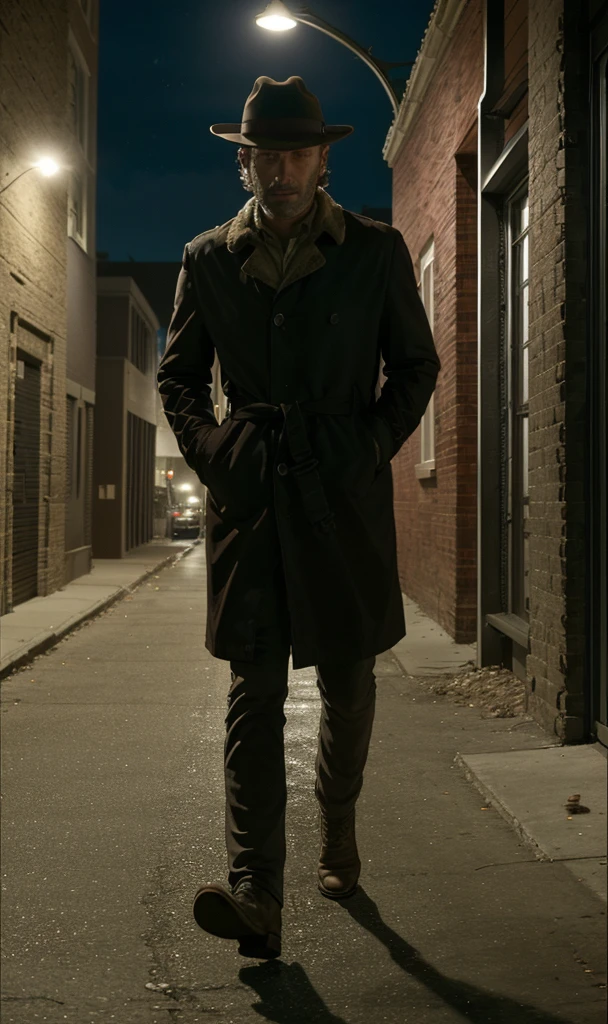 rickgrimes2024, 1 man, running, best quality, photorealistic, dark alley, night, streetlamp, fedora, long black trench coat, detective, new york, street light, cinematic, noir,