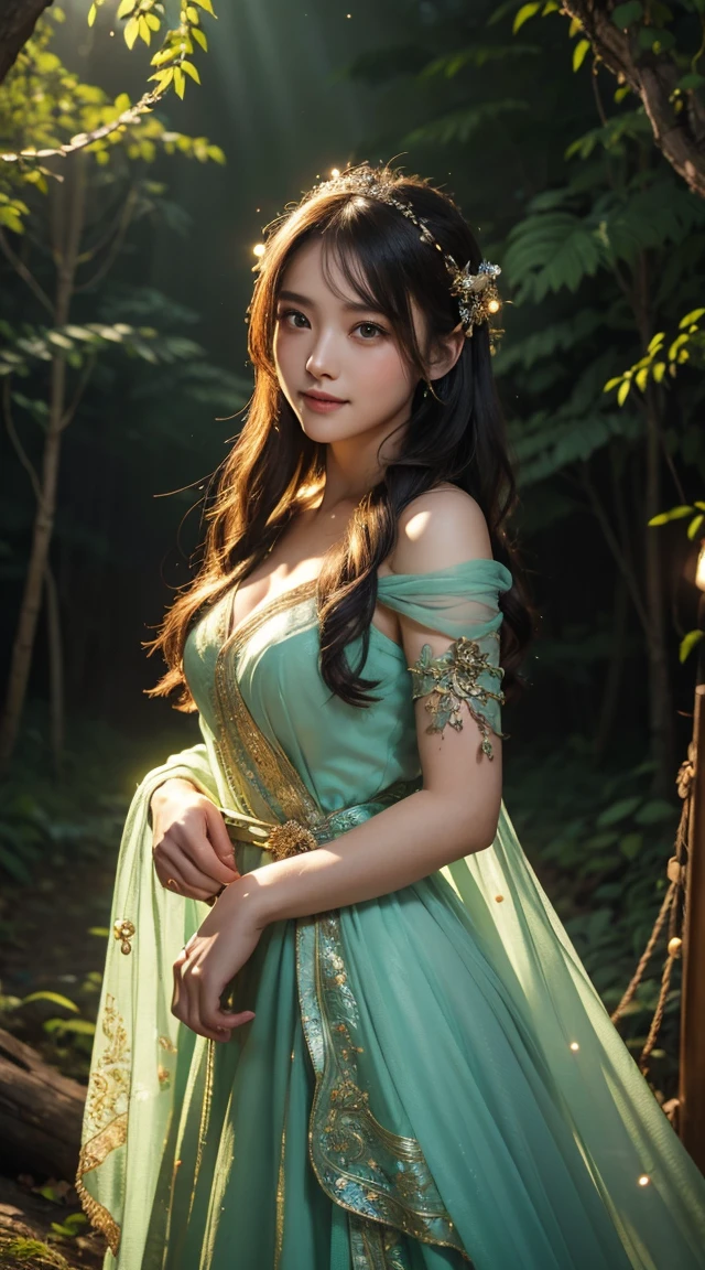 One girl, ,,Smile more, High-resolution images, woman, Her hair was decorated with glowing fireflies, Captivatingly shining eyes. Wearing a gown woven with moonlight, She is a tree々Standing in a vibrant and mysterious forest. scene, Surrounded by the fantastic light of fireflies, captured in the style of a magical forest arツーork., (masterpiece, Highest quality, Official Art,Intricate details:1.2)