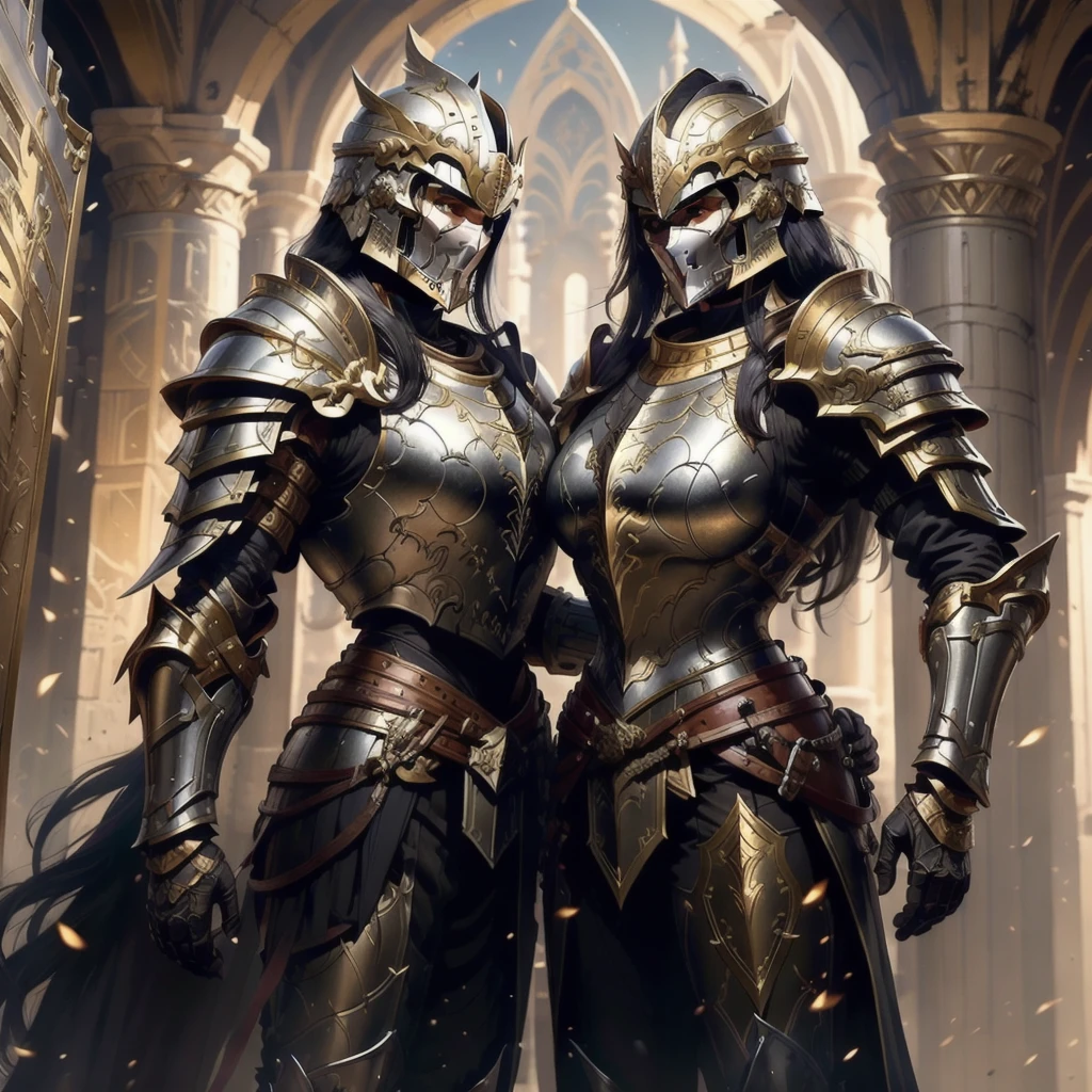 a beautiful female golden-greek-armored , jet-black hair, hoplite helmet, muscular, huge and heavy breasts, looking at viewer, front view, modelshot pose, masterpiece, best quality, 8k, blurred background, medieval fantasy castle in the background
