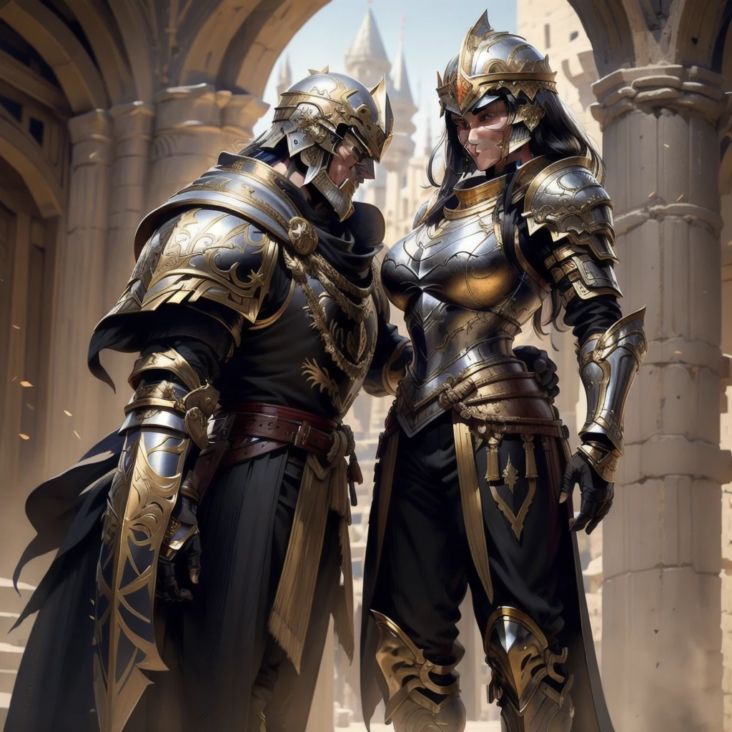 a beautiful female golden-greek-armored , jet-black hair, hoplite helmet, muscular, huge and heavy breasts, looking at viewer, front view, modelshot pose, masterpiece, best quality, 8k, blurred background, medieval fantasy castle in the background