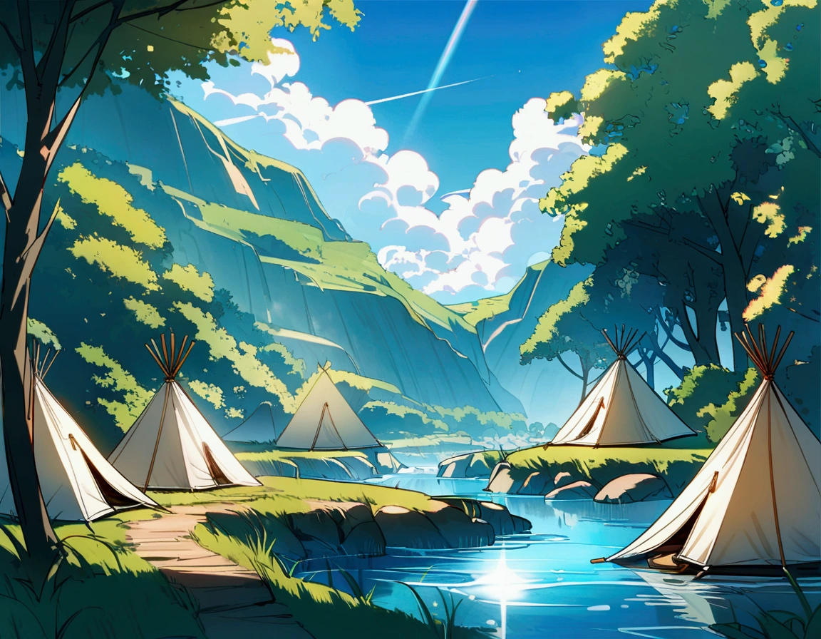 Fantasy,unmanned,background,Beautiful stream,wood々,Bright landscape,Blue sky,White cloud,Light of the sun,Primitive1Two tents,,,,